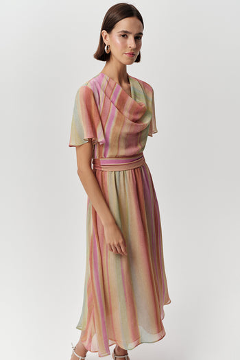 Degaje Yaka Kısa Kollu Astarlı Kuşaklı Midi Çok Renkli Elbise