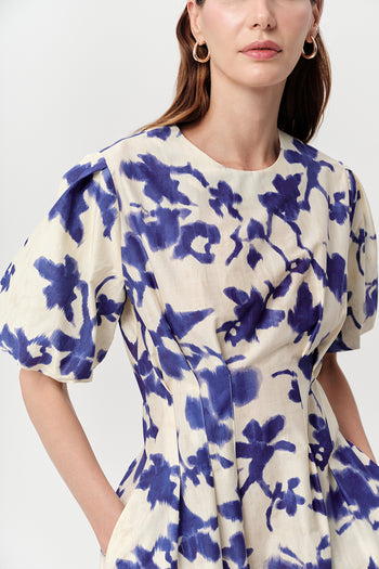 Balon Kollu Cepli Bele Oturan Fermuarlı Mini Saks Kemik Elbise