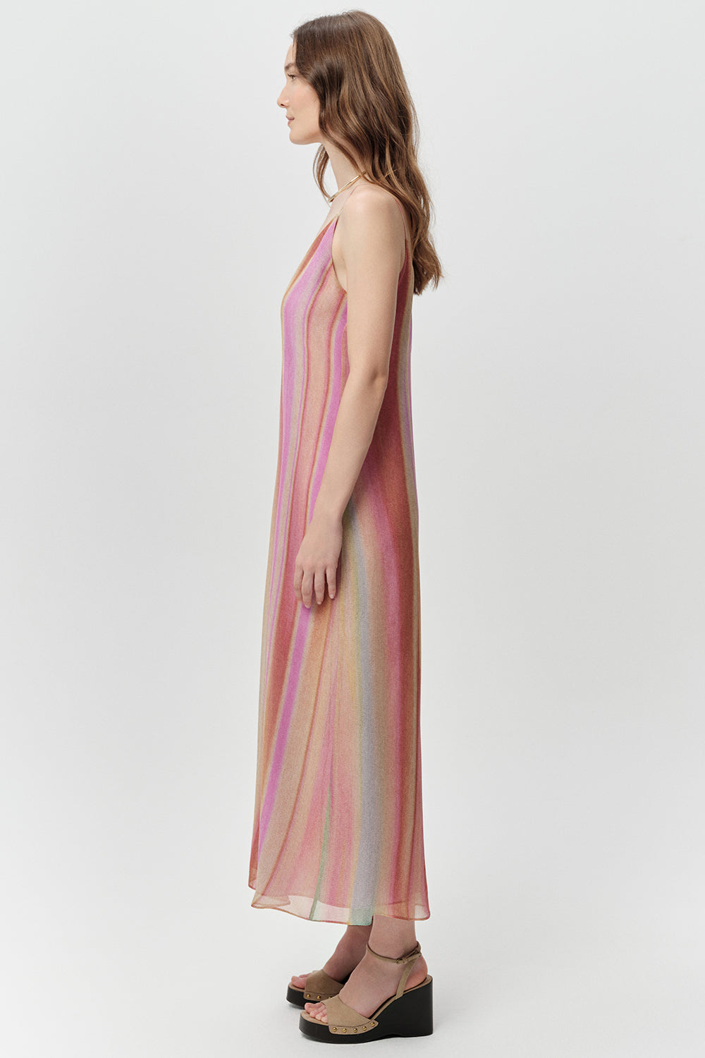 V Yaka Askılı Astarlı Regular Midi Çok Renkli Elbise