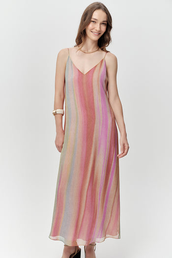 V Yaka Askılı Astarlı Regular Midi Çok Renkli Elbise