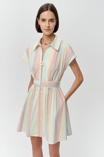 Kısa Kollu Gömlek Yaka Cepli Mini Regular Çok Renkli Elbise