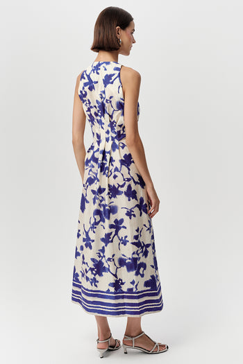 V Yaka Kolsuz Cepli Düğmeli Regular Midi Saks Kemik Elbise