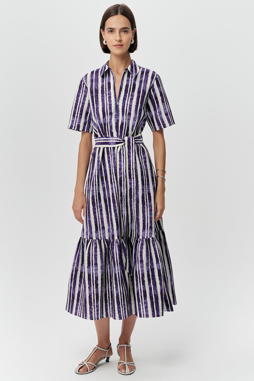 Gömlek Yaka Kısa Kollu Regular Midi Saks Kemik Elbise