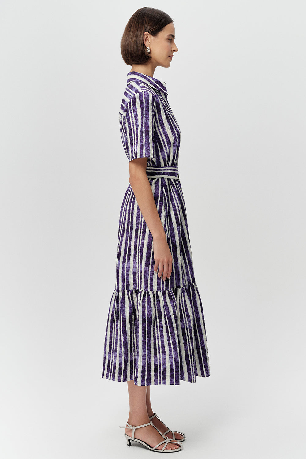 Gömlek Yaka Kısa Kollu Regular Midi Saks Kemik Elbise