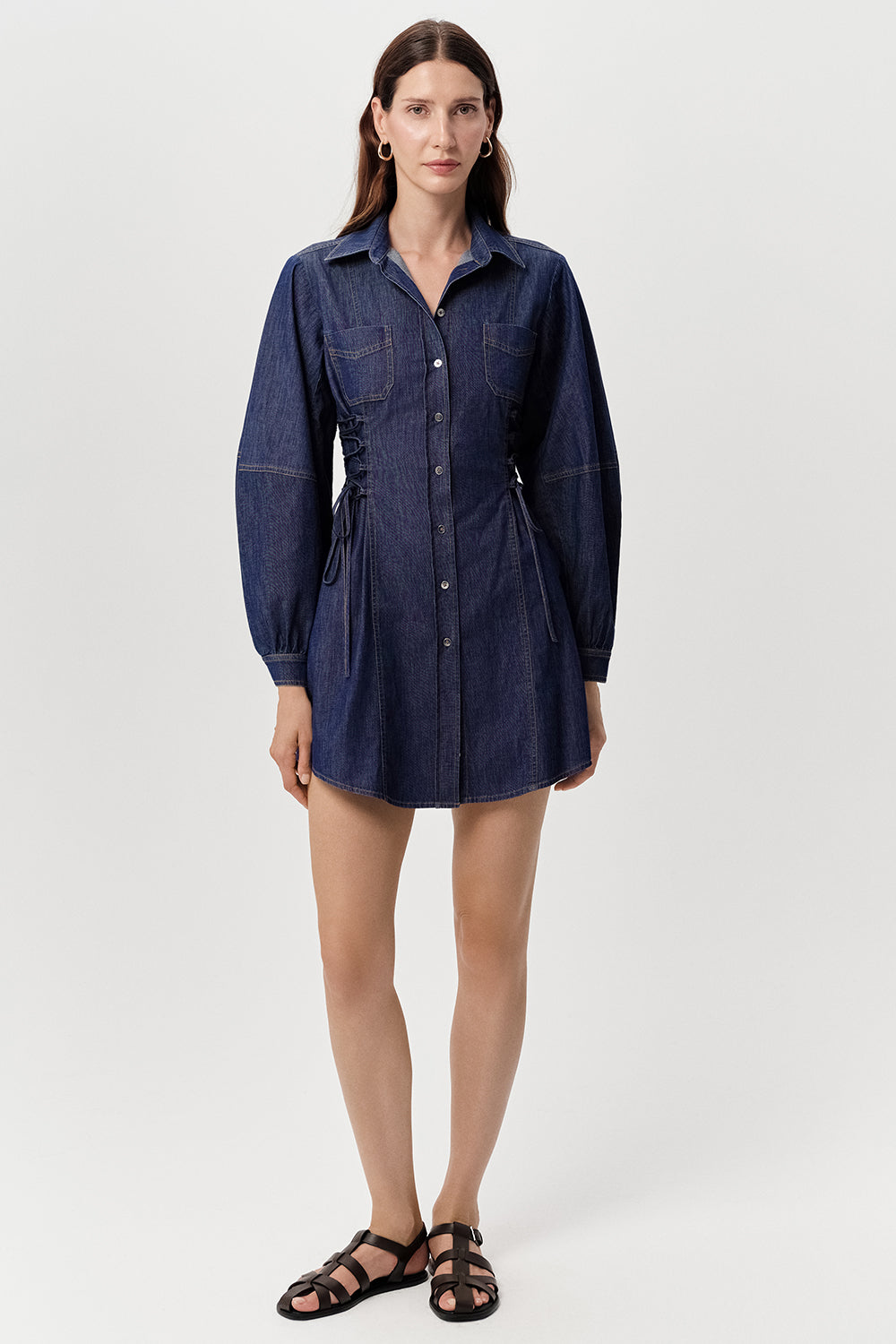 Gömlek Yaka Uzun Kollu Cepli Regular Mini Mavi Elbise