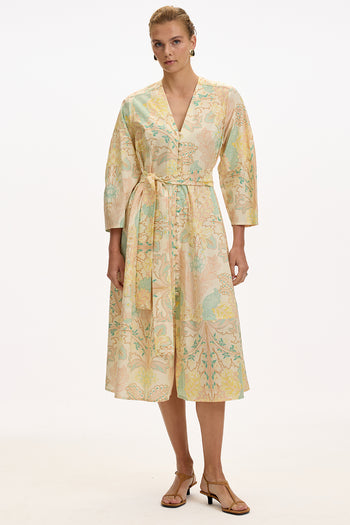 V Yaka Uzun Kollu Düğmeli Kuşaklı Regular Midi Çok Renkli Elbise