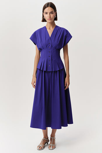 V Yaka Bele Oturan Kısa Kollu Regular Midi Saks Elbise