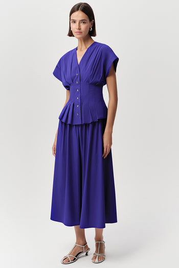 V Yaka Bele Oturan Kısa Kollu Regular Midi Saks Elbise