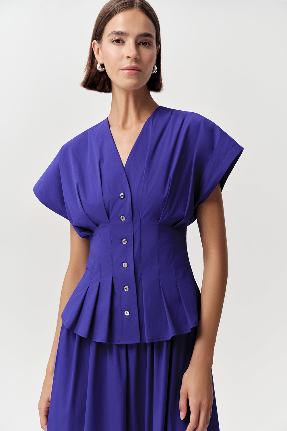 V Yaka Bele Oturan Kısa Kollu Regular Midi Saks Elbise