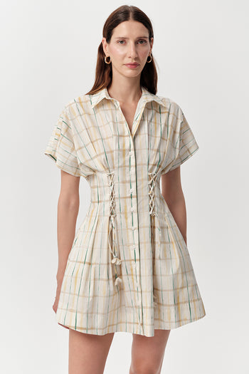 Gömlek Yaka Bele Oturan Kısa Kollu Regular Mini Çok Renkli Elbise