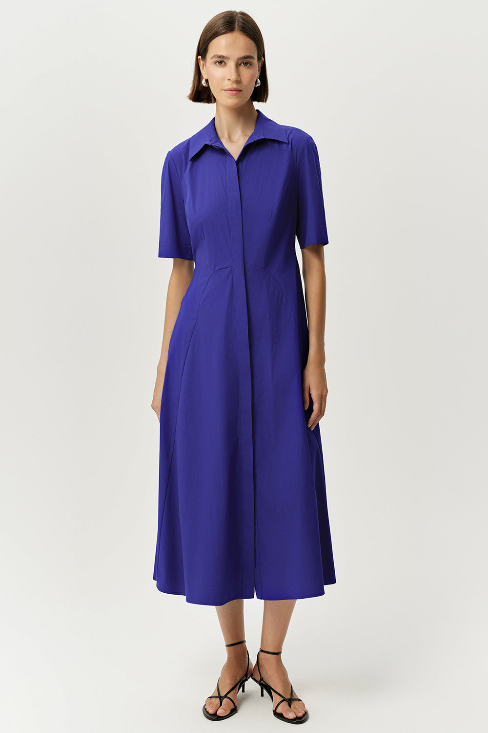 Kısa Kollu Gömlek Yaka Regular Midi Saks Elbise