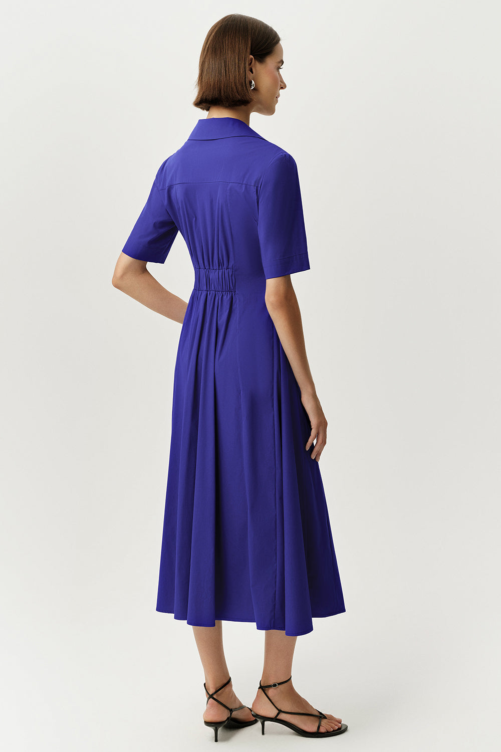 Kısa Kollu Gömlek Yaka Regular Midi Saks Elbise