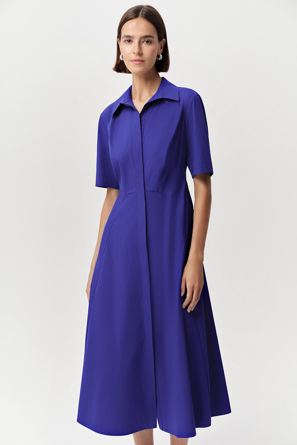 Kısa Kollu Gömlek Yaka Regular Midi Saks Elbise