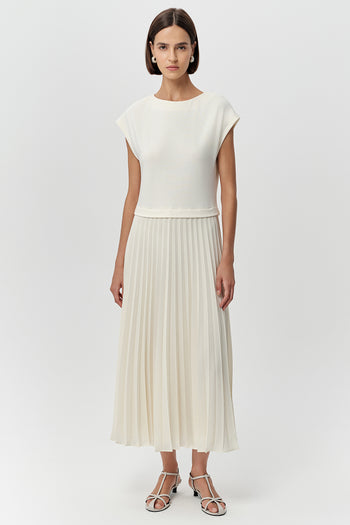 Bisiklet Yaka Astarlı Piliseli Midi Regular Ekru Elbise