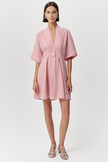 Kısa Kollu V Yaka Keten Karışımlı Regular Mini Pembe Elbise
