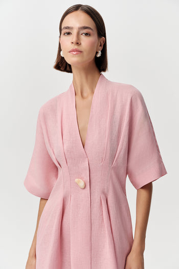 Kısa Kollu V Yaka Keten Karışımlı Regular Mini Pembe Elbise