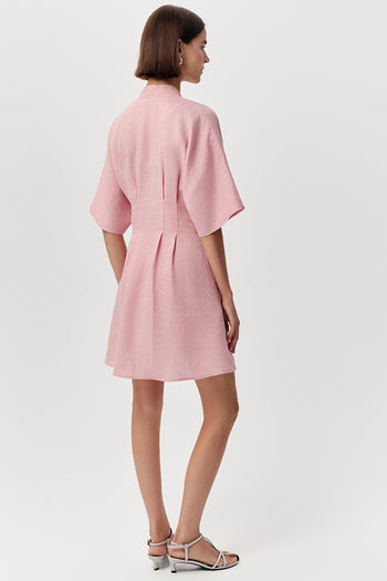 Kısa Kollu V Yaka Keten Karışımlı Regular Mini Pembe Elbise
