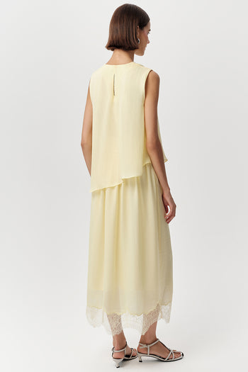 Bisiklet Yaka Beli Büzgülü Dantelli Regular Midi Sarı Elbise