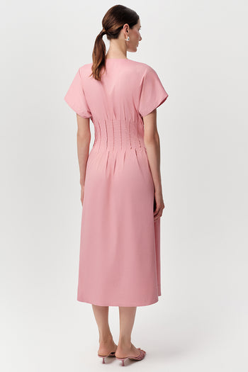 Kısa Kollu V Yaka Bele Oturan Cepli Slim Fit Midi Pembe Elbise