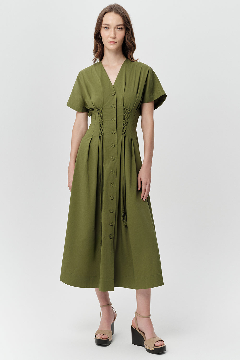V Yaka Bağcık Detaylı Bele Oturan Cepli Regular Midi Haki Elbise