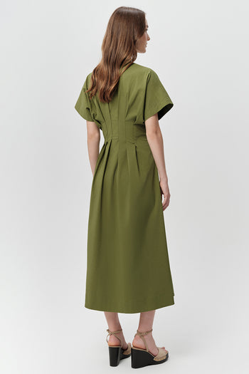 V Yaka Bağcık Detaylı Bele Oturan Cepli Regular Midi Haki Elbise