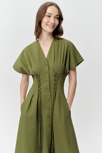 V Yaka Bağcık Detaylı Bele Oturan Cepli Regular Midi Haki Elbise