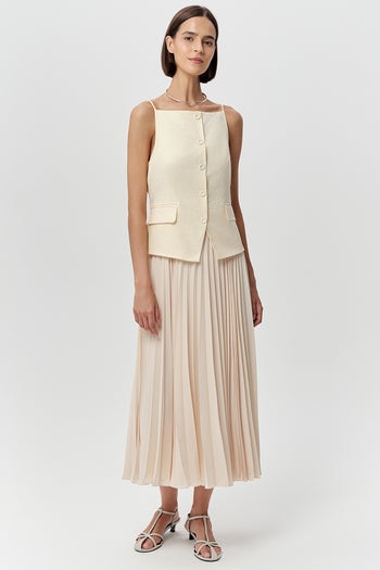 Kolsuz Pliseli Keten Garnili Regular Midi Tereyağı Elbise