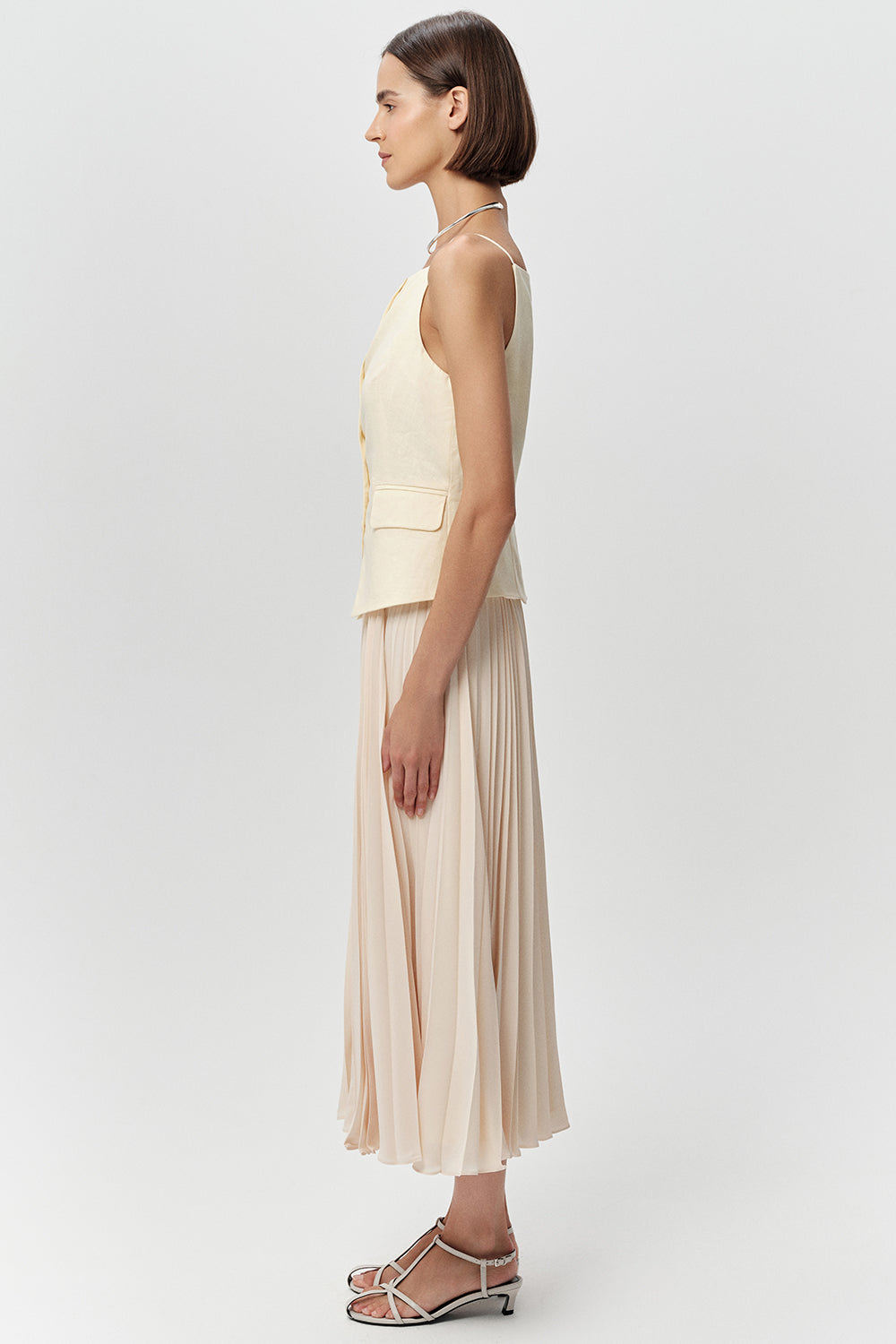 Kolsuz Pliseli Keten Garnili Regular Midi Tereyağı Elbise