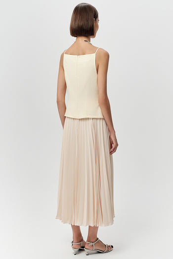 Kolsuz Pliseli Keten Garnili Regular Midi Tereyağı Elbise