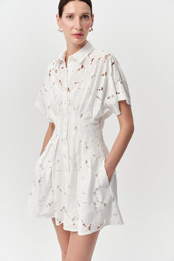 Kısa Kollu Delikli Gömlek Yaka Slim Fit Mini Kemik Elbise