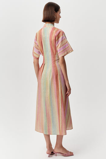 Kısa Kollu V Yaka Keten Karışımlı Regular Midi Çok Renkli Elbise