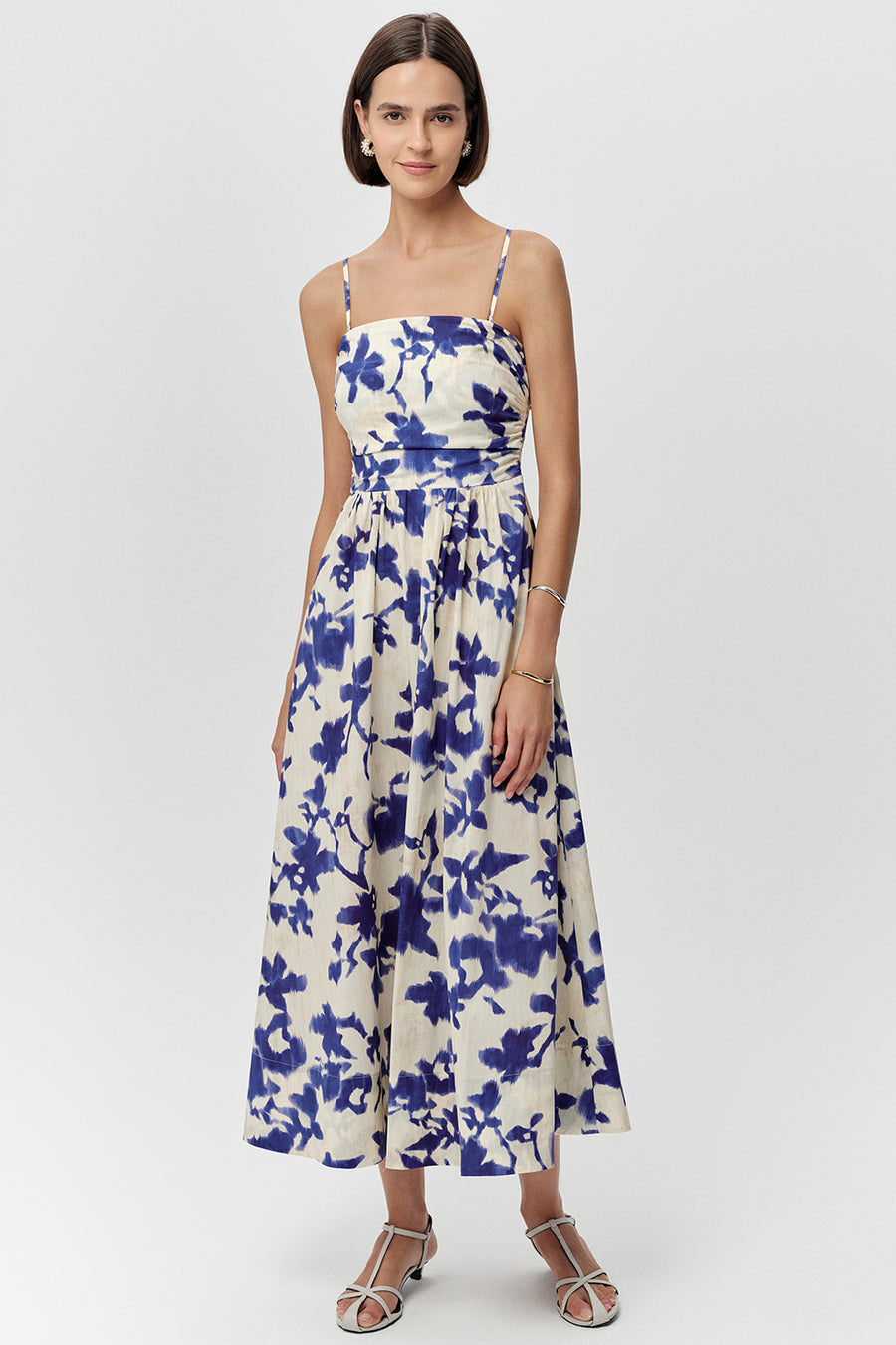 İp Askılı Cepli Bele Oturan Slim Fit Midi Saks Kemik Elbise