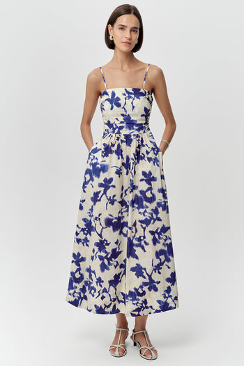 İp Askılı Cepli Bele Oturan Slim Fit Midi Saks Kemik Elbise