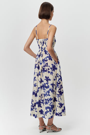 İp Askılı Cepli Bele Oturan Slim Fit Midi Saks Kemik Elbise