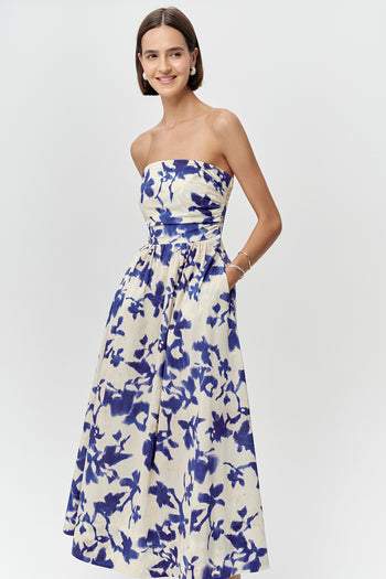 İp Askılı Cepli Bele Oturan Slim Fit Midi Saks Kemik Elbise