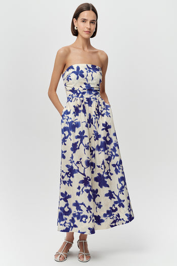 İp Askılı Cepli Bele Oturan Slim Fit Midi Saks Kemik Elbise