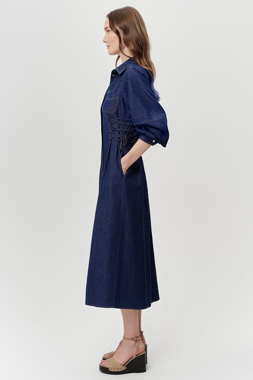 Yanları Bağcıklı Uzun Kollu Düğmeli Regular Midi Mavi Elbise