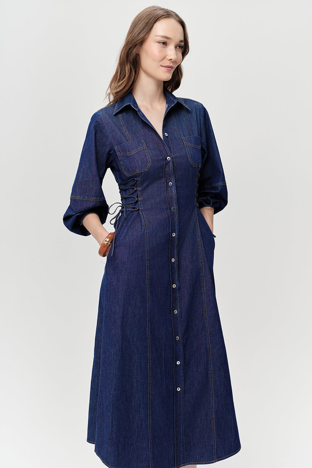 Yanları Bağcıklı Uzun Kollu Düğmeli Regular Midi Mavi Elbise