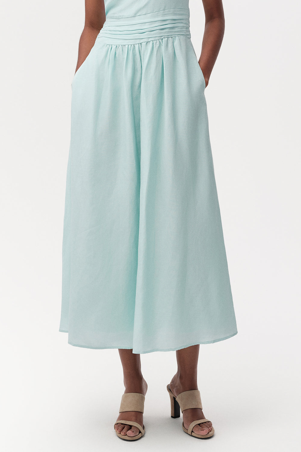 Bele Oturan Keten Karışımlı Regular Midi Turkuaz Elbise