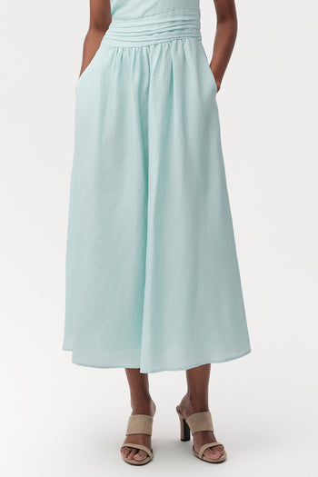 Bele Oturan Keten Karışımlı Regular Midi Turkuaz Elbise