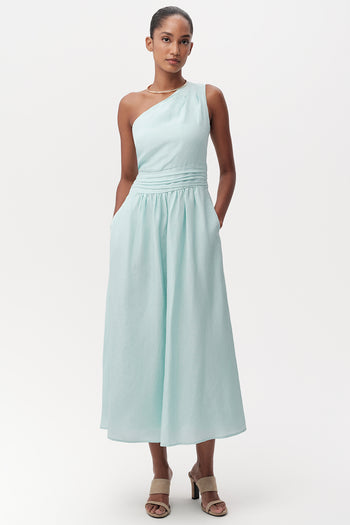 Bele Oturan Keten Karışımlı Regular Midi Turkuaz Elbise