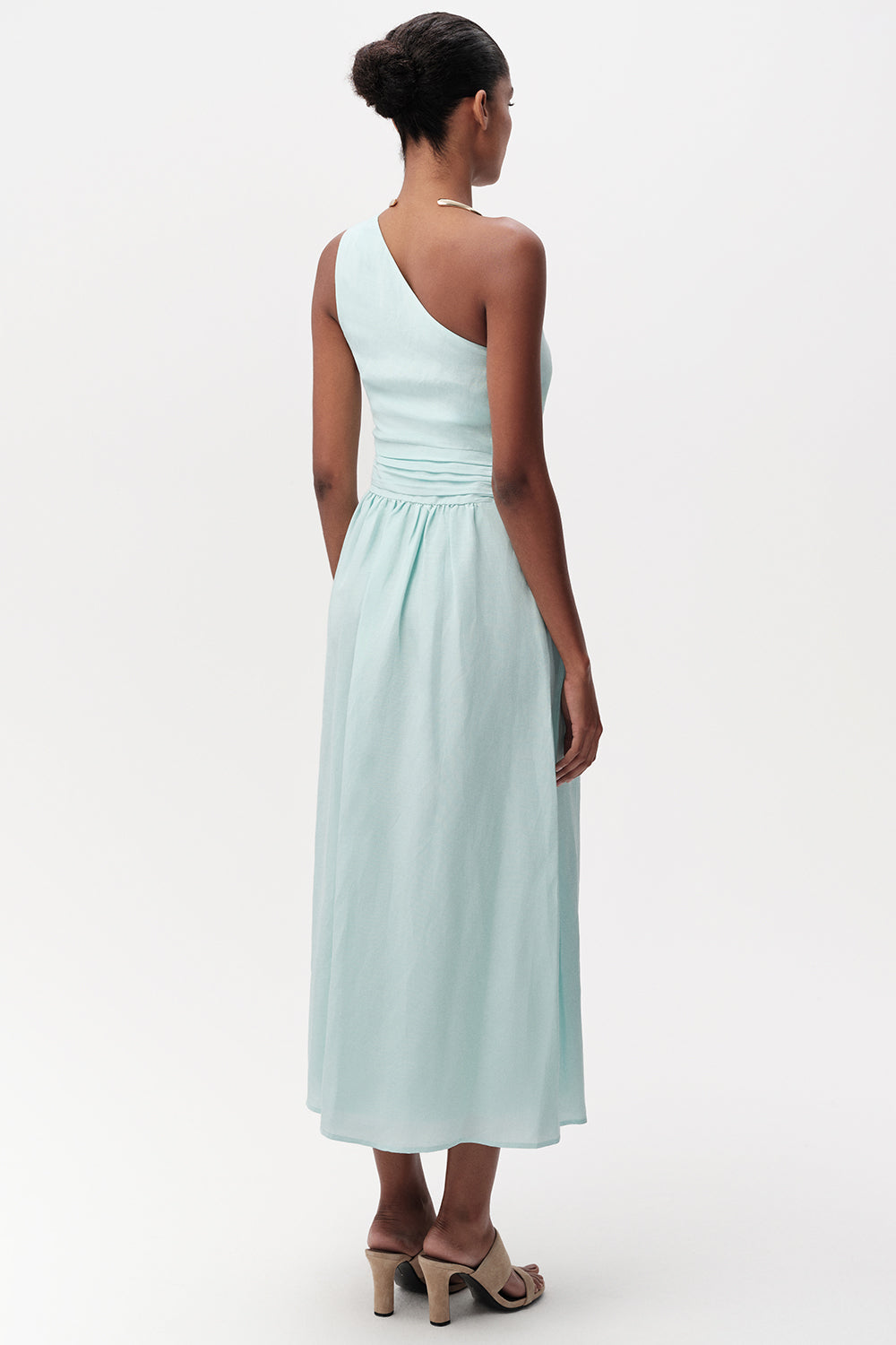Bele Oturan Keten Karışımlı Regular Midi Turkuaz Elbise