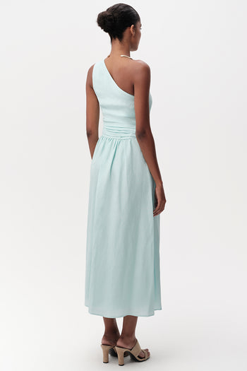 Bele Oturan Keten Karışımlı Regular Midi Turkuaz Elbise