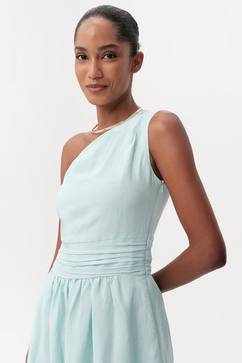 Bele Oturan Keten Karışımlı Regular Midi Turkuaz Elbise