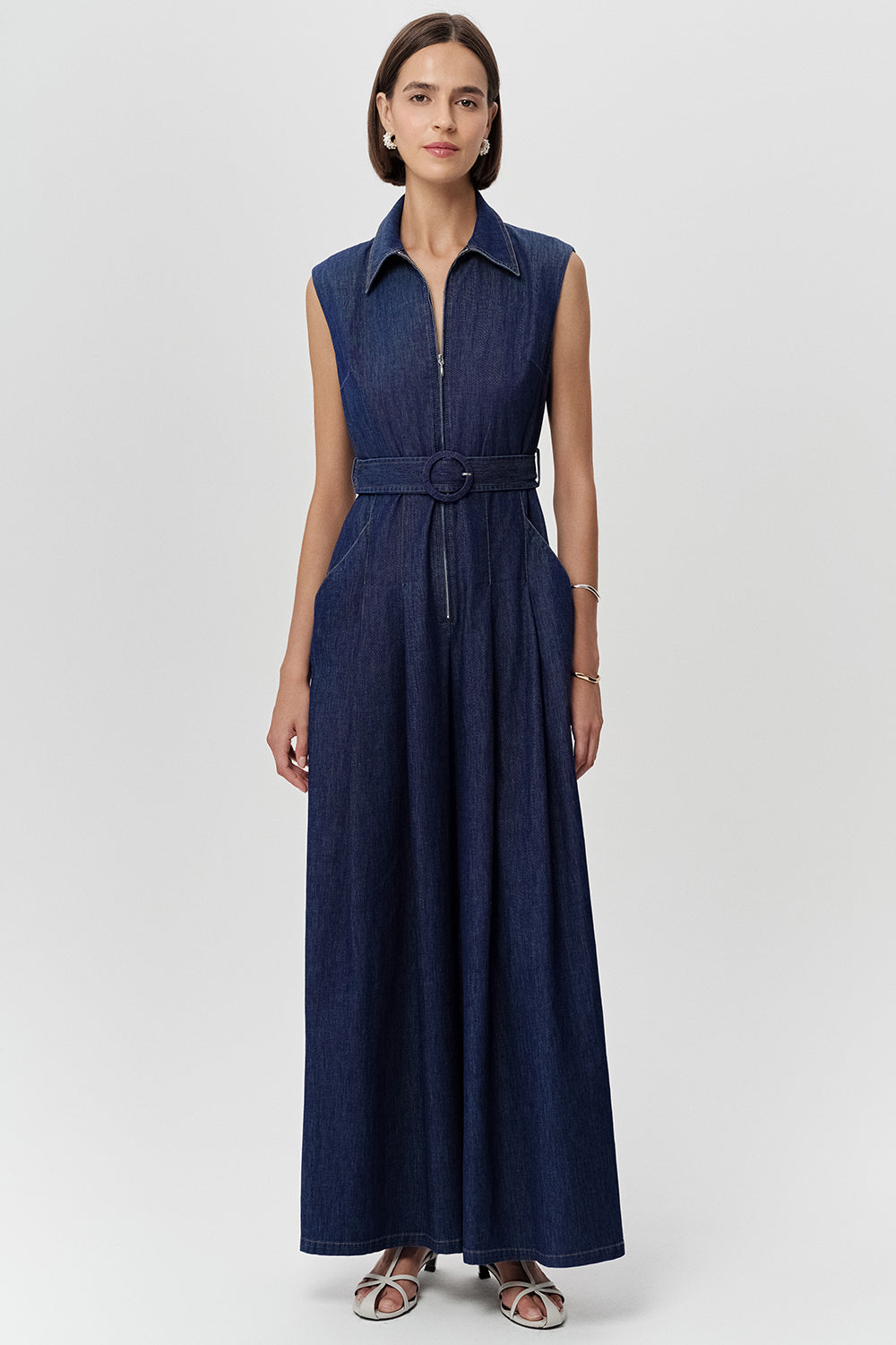 Kolsuz Yakası Fermuarlı Kemerli Cepli Regular Mavi Tulum