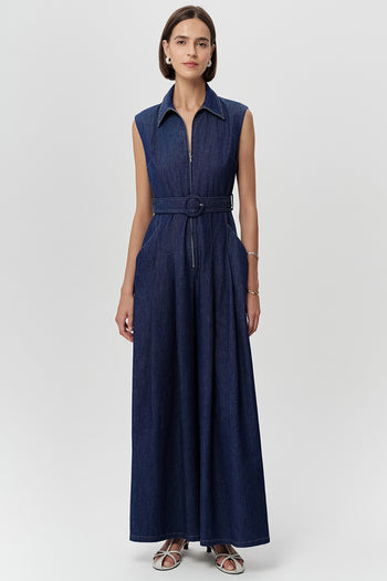 Kolsuz Yakası Fermuarlı Kemerli Cepli Regular Mavi Tulum