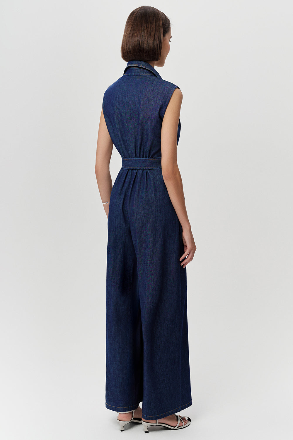 Kolsuz Yakası Fermuarlı Kemerli Cepli Regular Mavi Tulum