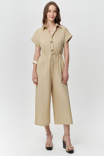 Kısa Kollu Beli Bağcıklı Düğmeli Regular Bej Tulum