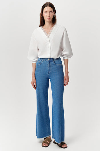 Yüksek Bel Geniş Paça Regular Denim Mavi Pantolon