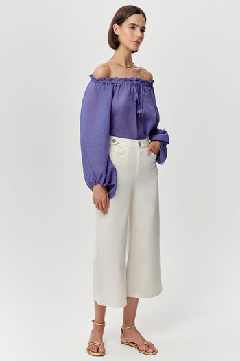 Yüksek Bel Cepli Regular Culotte Denim Beyaz Pantolon